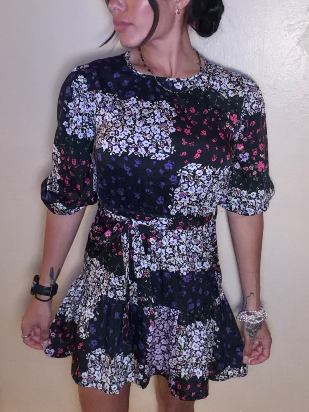Floral Patchwork Mini Ruffle Dress in Black & Purple